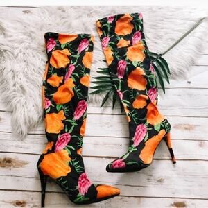Anne Michelle floral knee high heel boots size 10